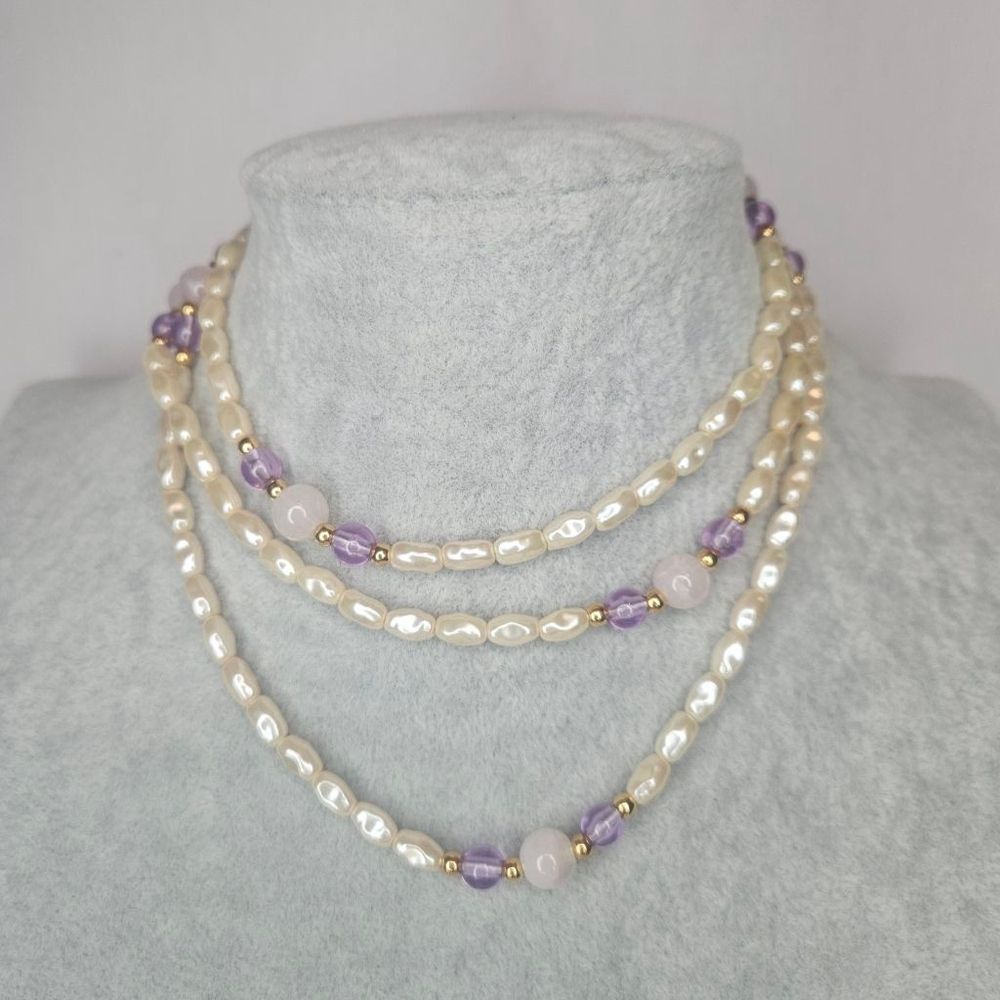 1980s Vintage Faux Pearl Necklace with Pastel and Gold Beads Elegant Wrap EUC